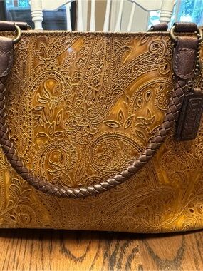 Relic Embossed Paisley Shoulder Bag in Mustard Brown with Dark Brown Handles